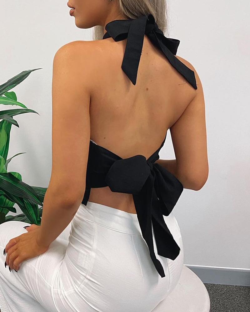 

Halter Tied Detail Backless Crop Top, Black