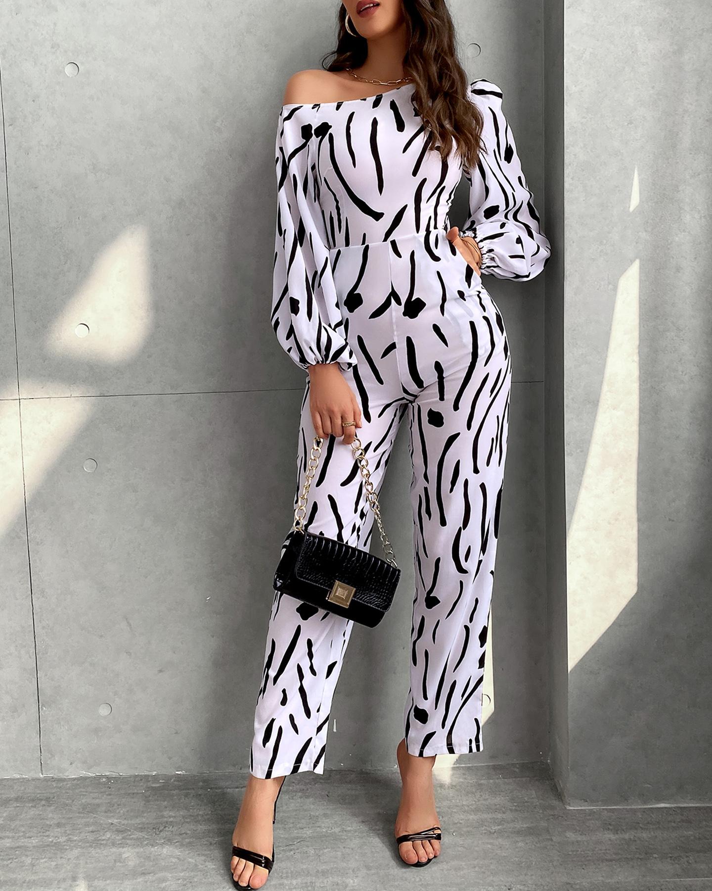

Colorblock One Shoulder Puff Lantern Sleeve Jumpsuit, White