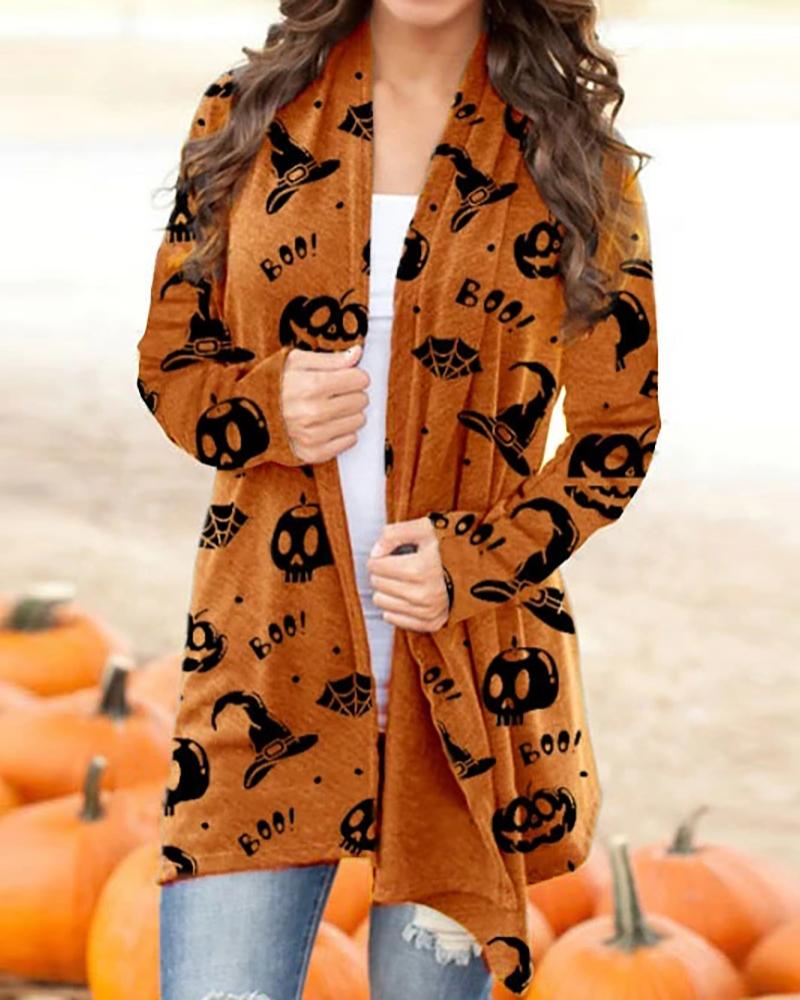 

Halloween Pumpkin Letter Skull Print Long Sleeve Cardigan, Orange