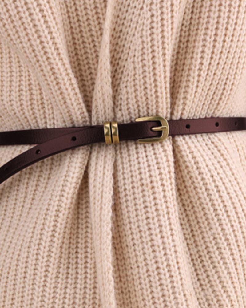 

Solid Metallic Buckle Skinny Waist Belt Jeans Belt, Coffee