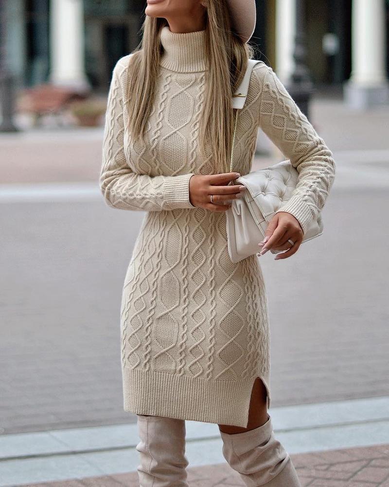 

Plain Cable Knit Side Slit Long Sleeve Dress, Khaki
