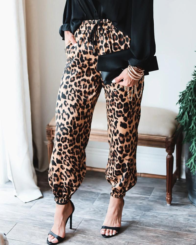 

Cheetah Print Drawstring Waist Elastic Cuff Pants, Leopard