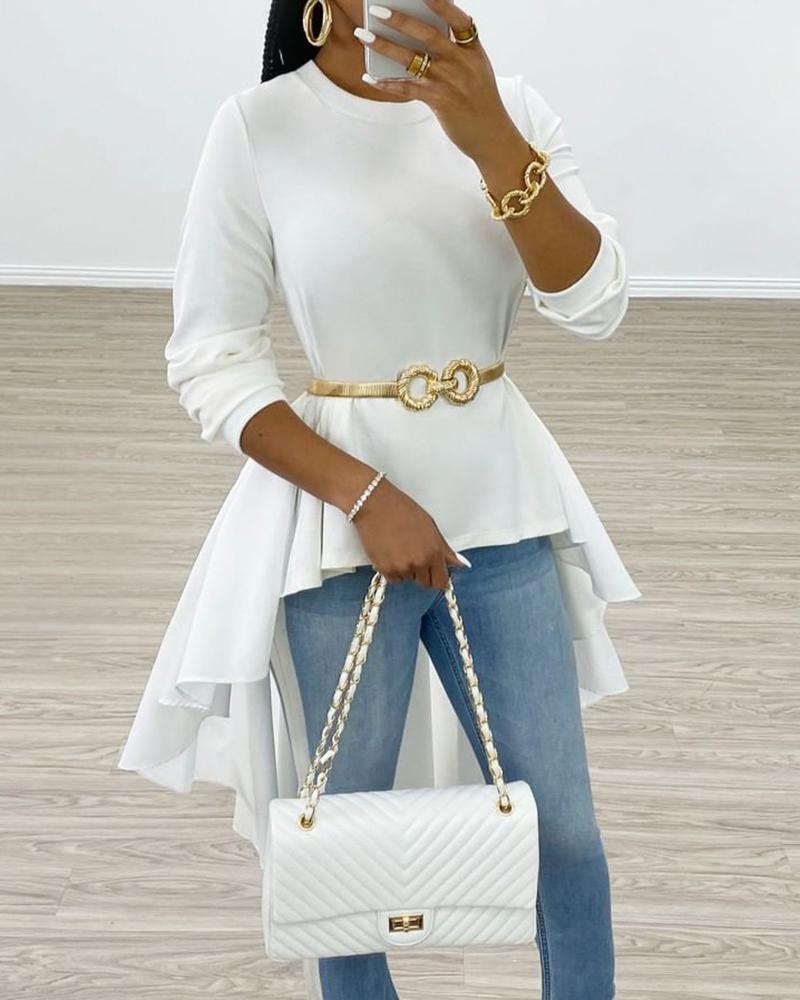 

Solid Ruffles Dip Hem Women Blouse, White