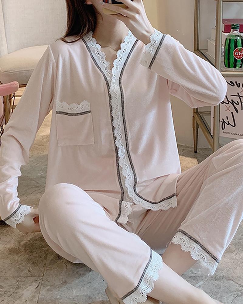 

Lace Trim Velvet Long Sleeve Pajamas Set, Light pink
