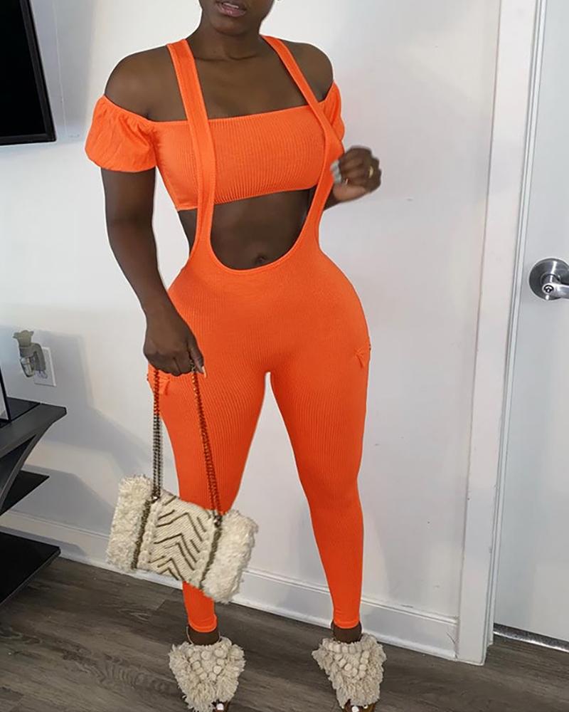 

Plain Off Shoulder Ribbed Crop Top & Suspender Jumpsuit, Orange