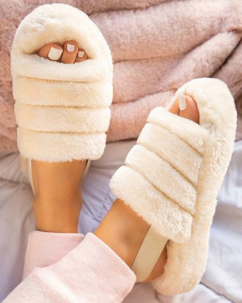 

Peep Toe Plain / Cheetah Print Fluffy Slipper, White