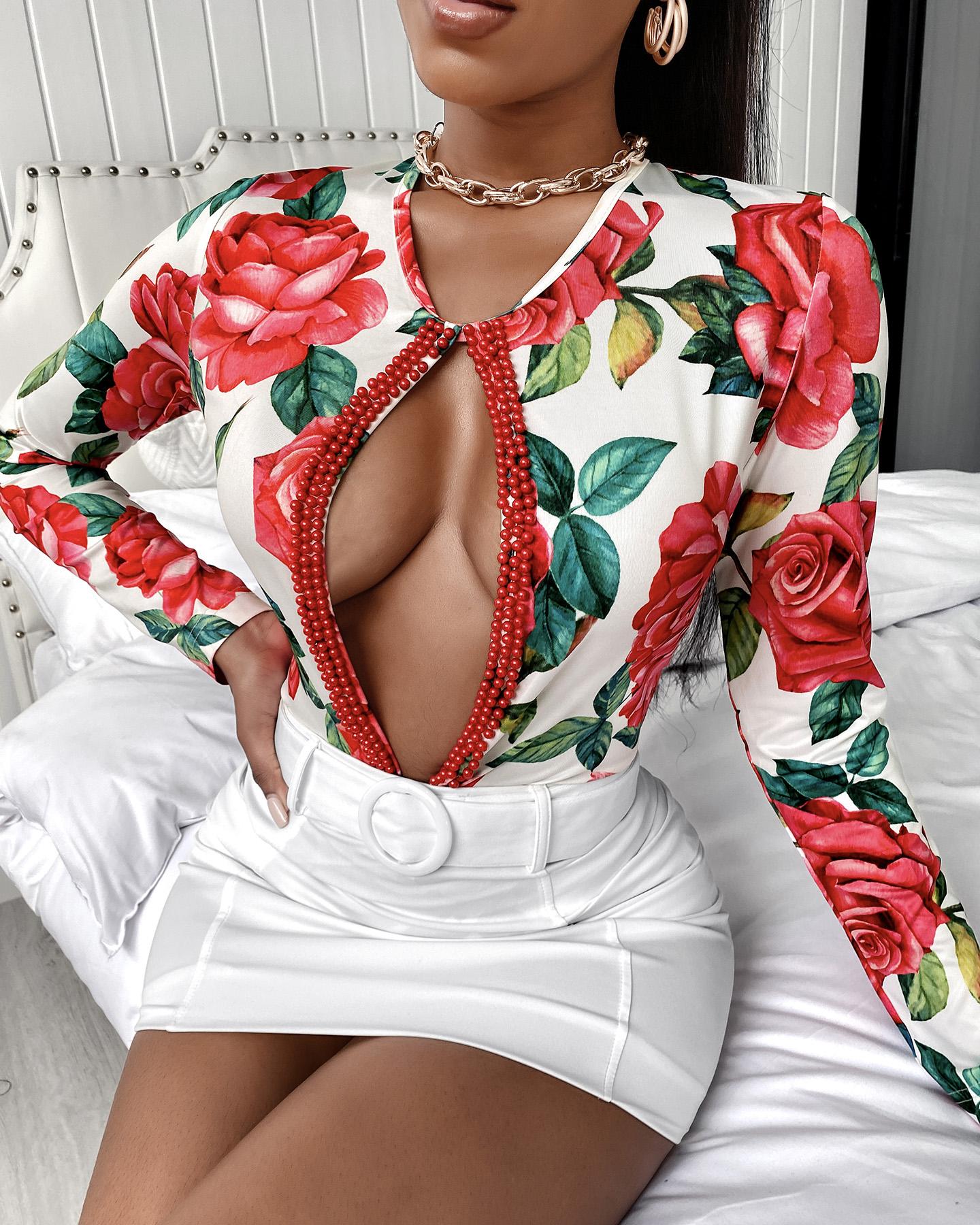 

Floral Print Beaded Long Sleeve Bodysuit, Red