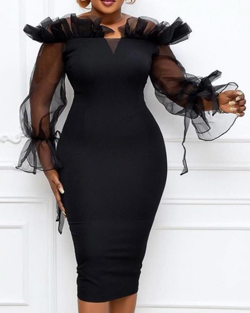 

Sheer Mesh Long Sleeve Bodycon Dress, Black