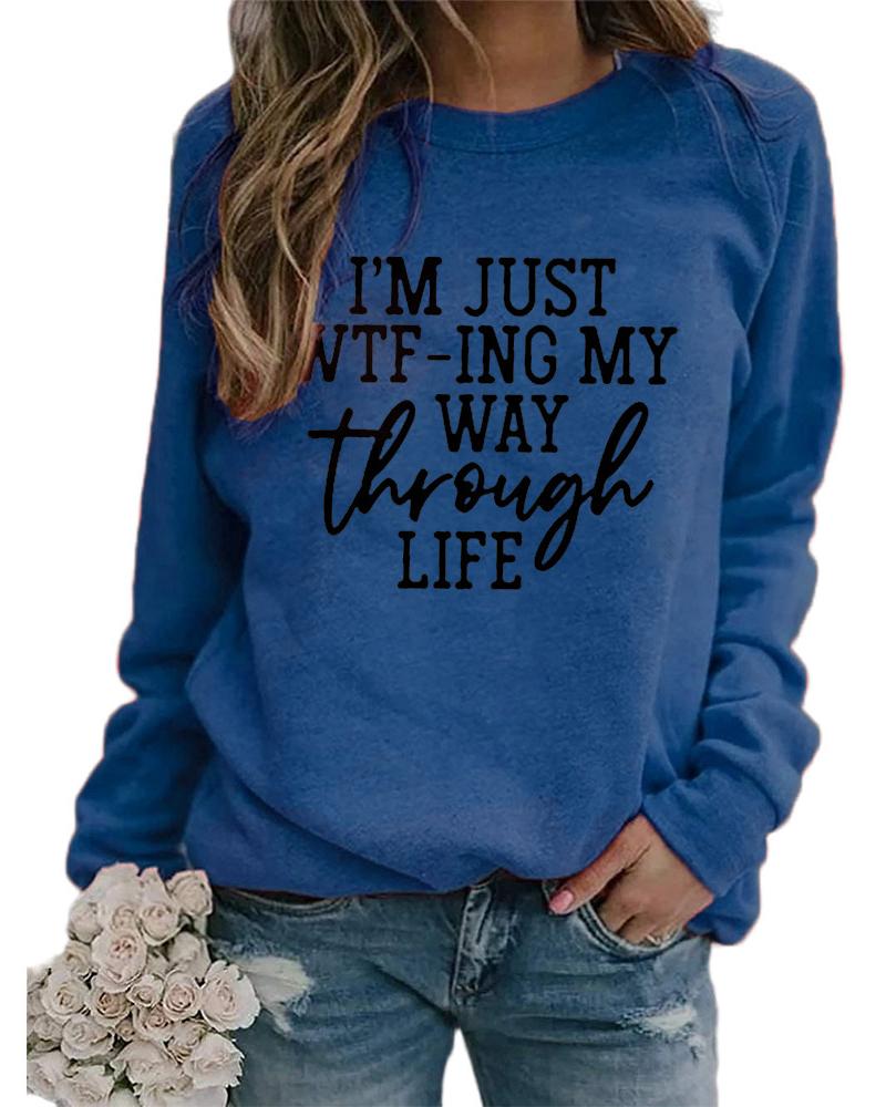 

Letter Print Round Neck Long Sleeve Sweatshirt, Blue