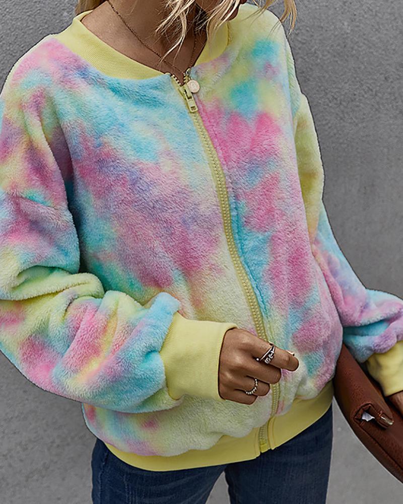 

Tie Dye Print Fluffy Zipper Design Coat, Yellow