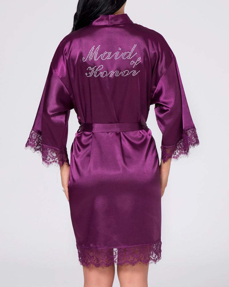 

Letter Print Half Sleeve Lace Trim Robe, Purple