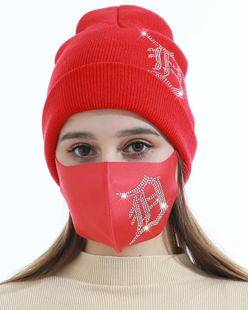 

Star / Letter / Floral / Butterfly Pattern Studded Beanie With Face Mask, Red