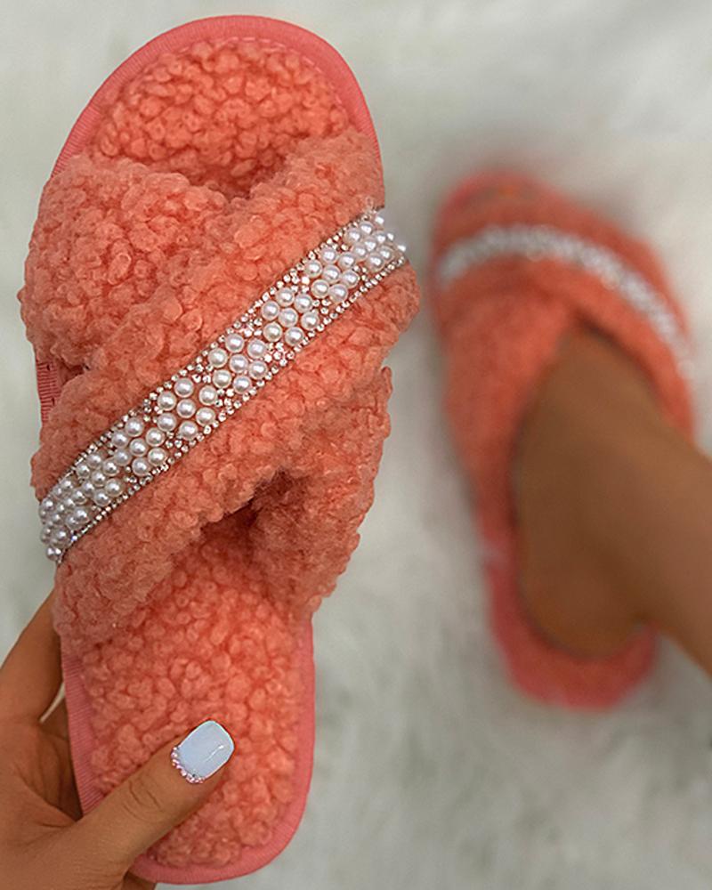 

Beaded Studded Bandage Fluffy Slippers, Orange
