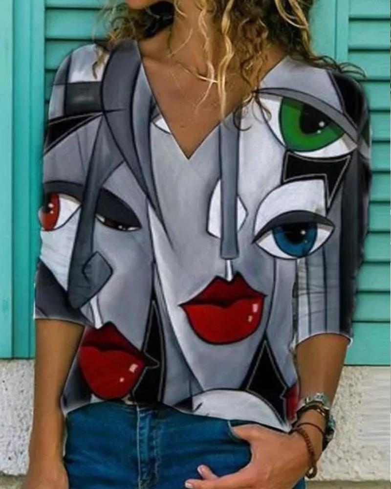

Abstract Print Long Sleeve Blouse, Gray