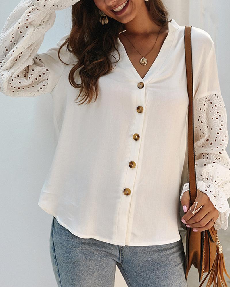 

Perforated Sleeve V Neck Women Top, White