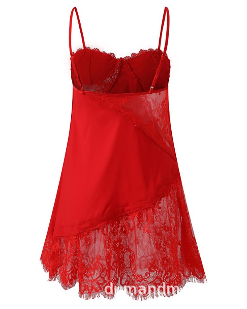 

Spaghetti Strap Backless Sheer Lace Babydoll, Red