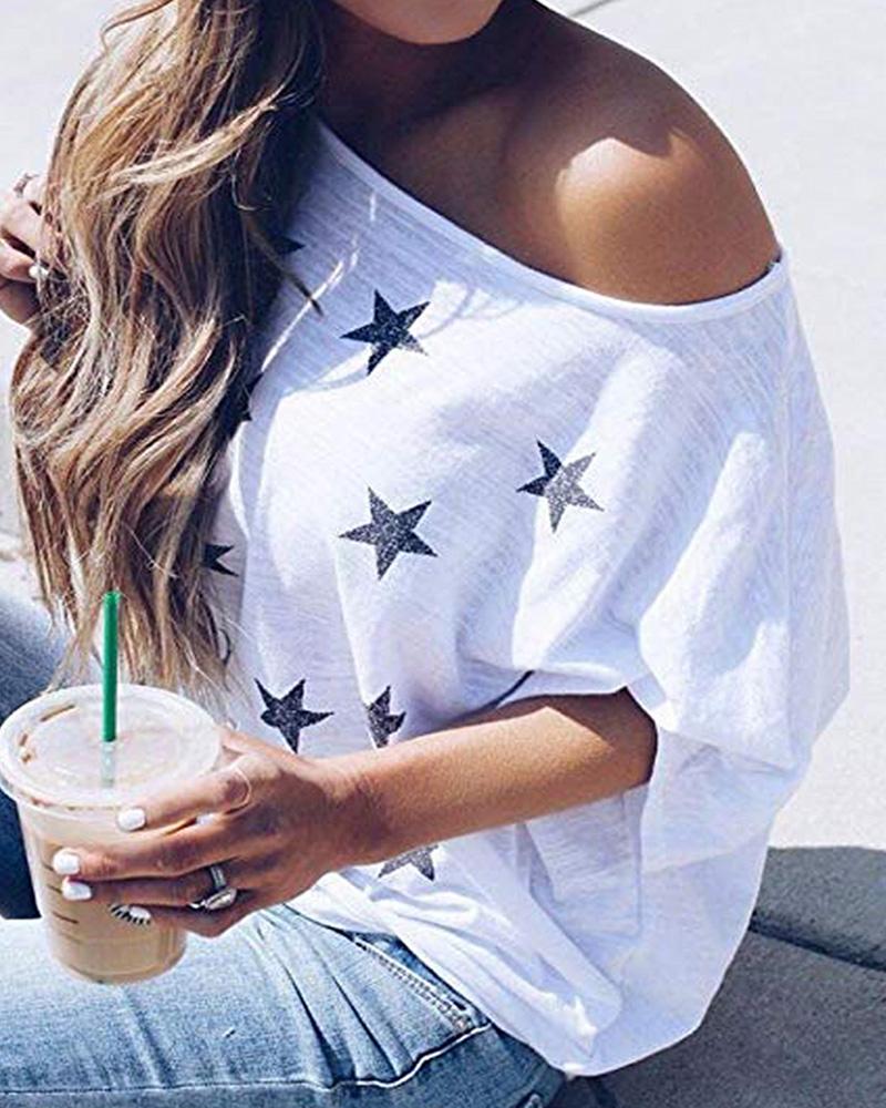 

Stars Print Round Neck Casual T-shirt, White
