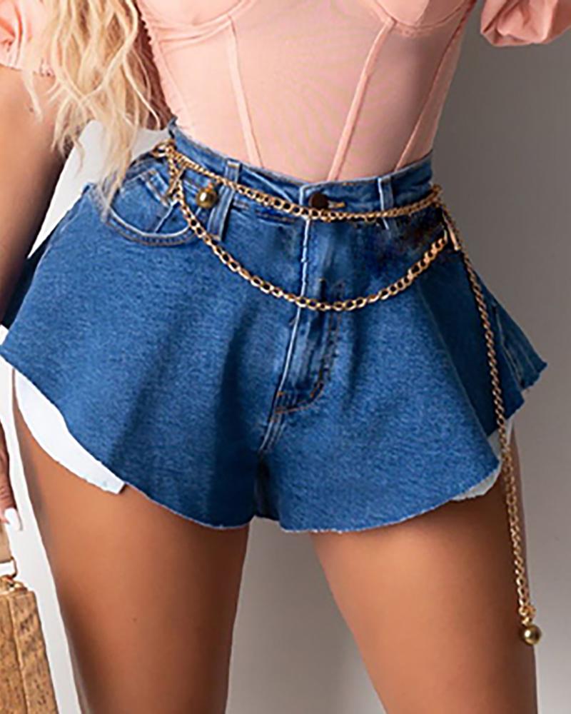 

Buttoned Pocket Design Casual Denim Shorts, Dark blue