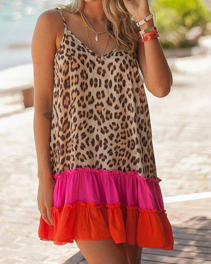 

Leopard Patchwork Strap Loose Midi Dress, Multicolor