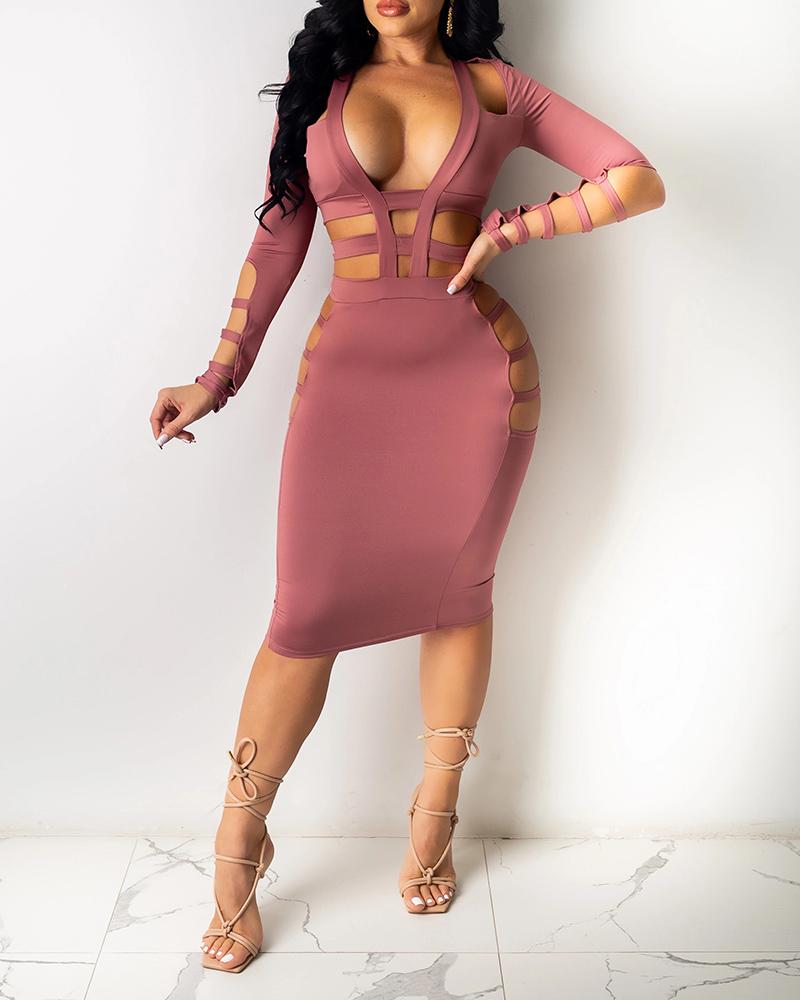 

Cutout Plain Plunge Long Sleeve Midi Dress, Pink
