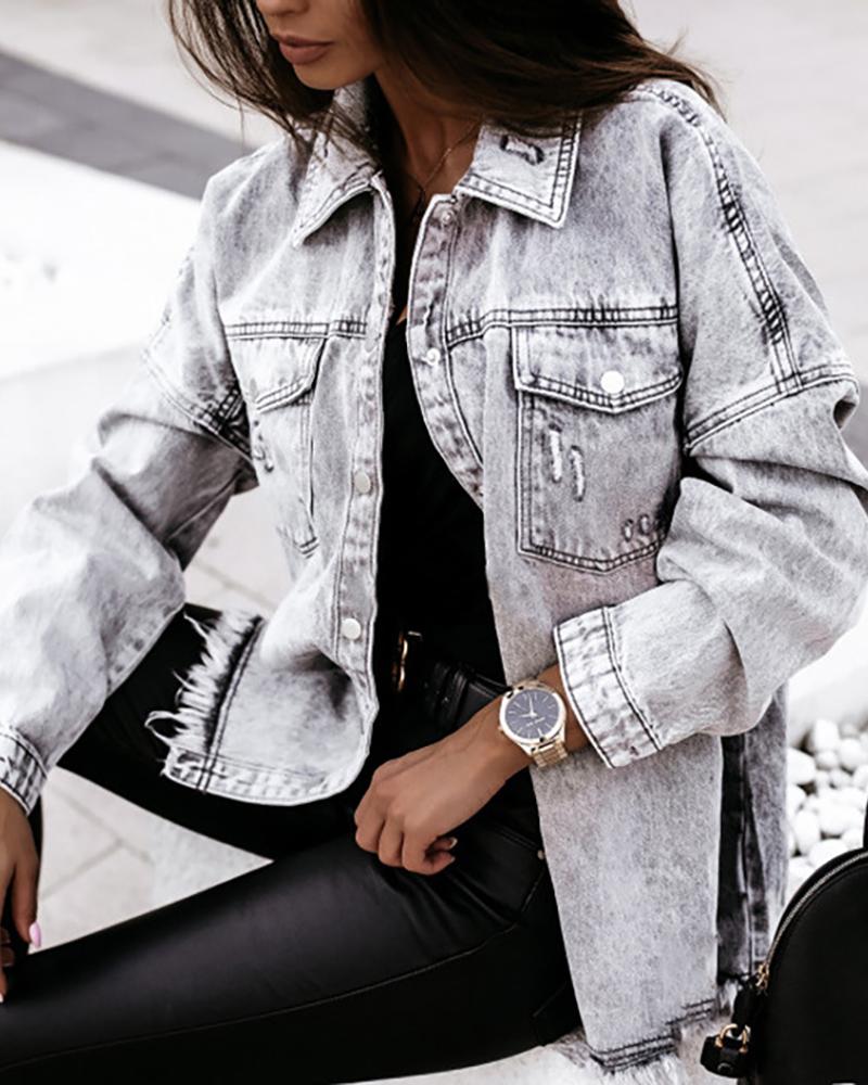 

Fringe Hem Pocket Design Denim Coat, Gray