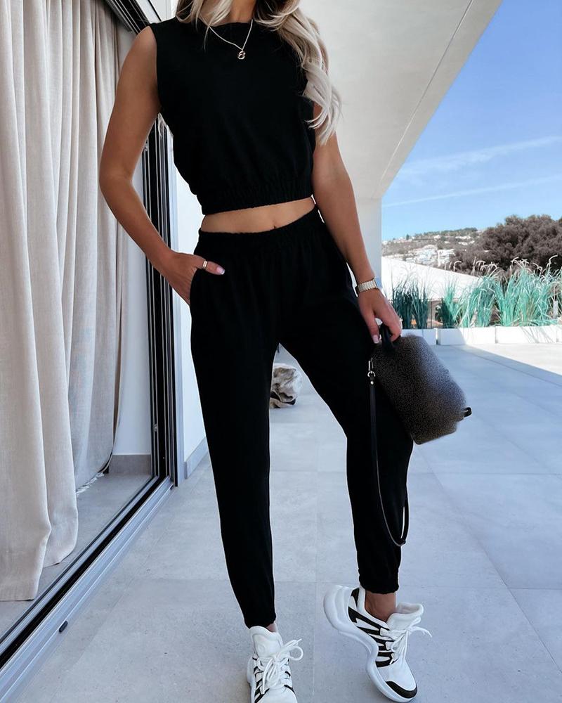

Plain Sleeveless Round Neck Top & Pants Set, Black