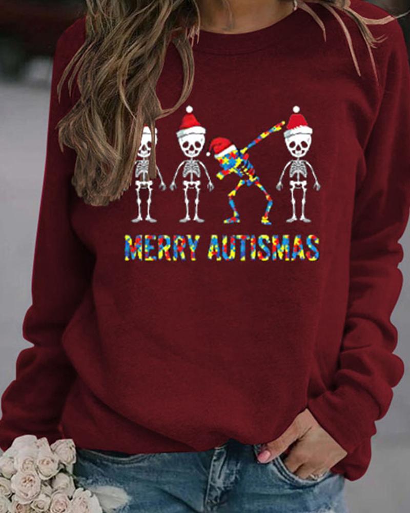 

Christmas Skull Letter Print Long Sleeve Sweatshirt, Wine red