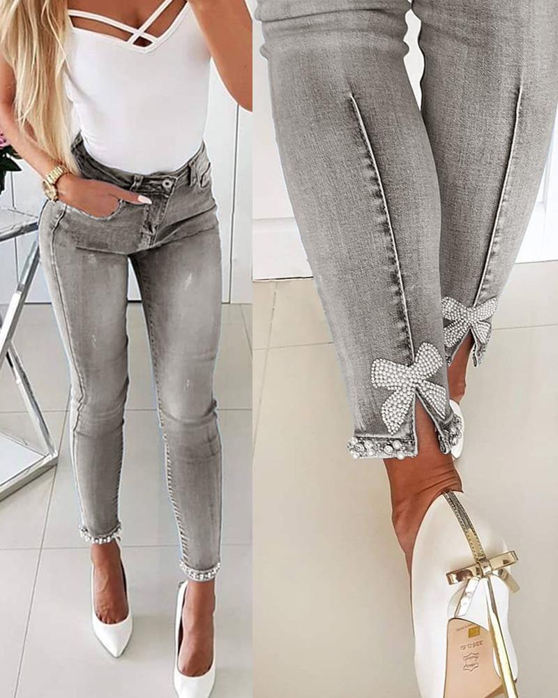 

Bow Cuff Skinny Jeans, Gray