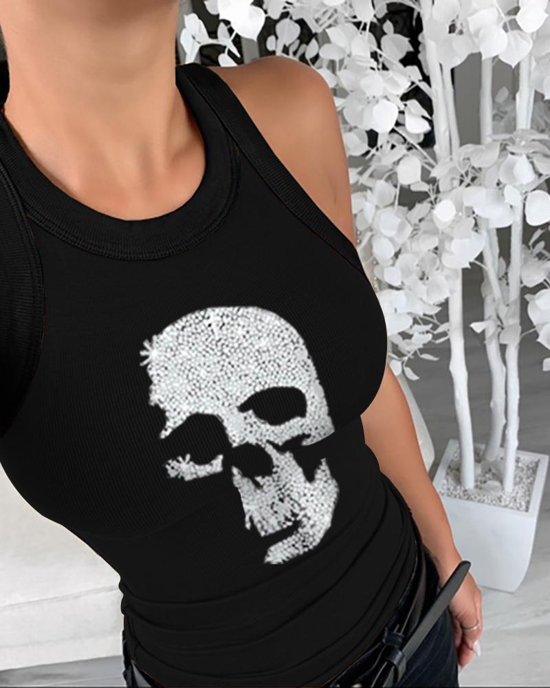 

Skull Studded Print Sleeveless Casual Tank Top, Black