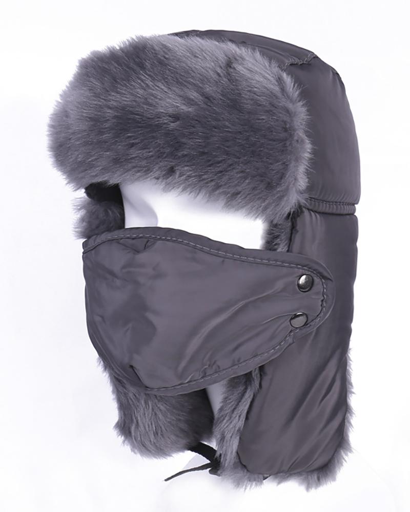 

Colorblock Warm Trapper Windproof Hat With Face Mask, Gray