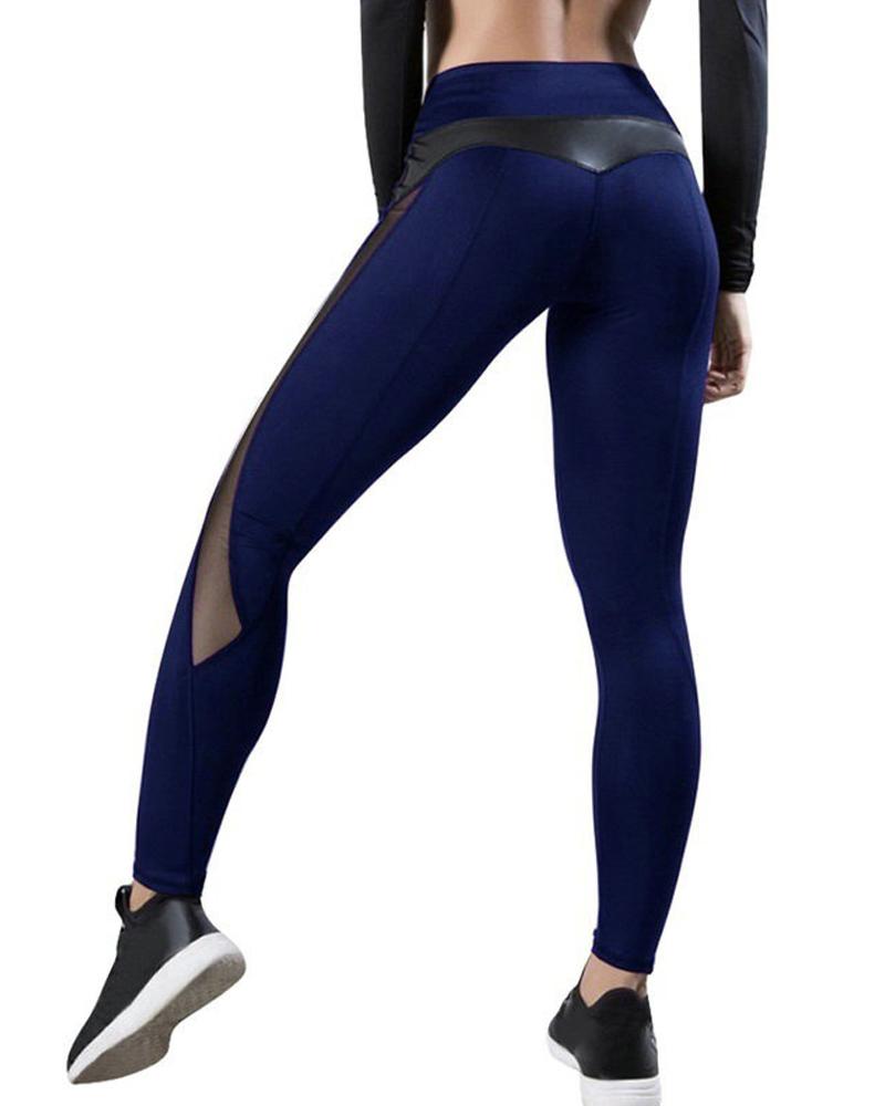

Splicing Solid Fit Yoga Long Pants, Purplish blue