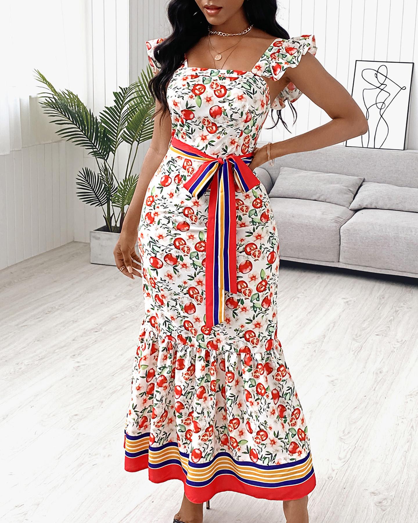 

Fruit Print Ruffle Hem Maxi Dress With Belt, Multicolor