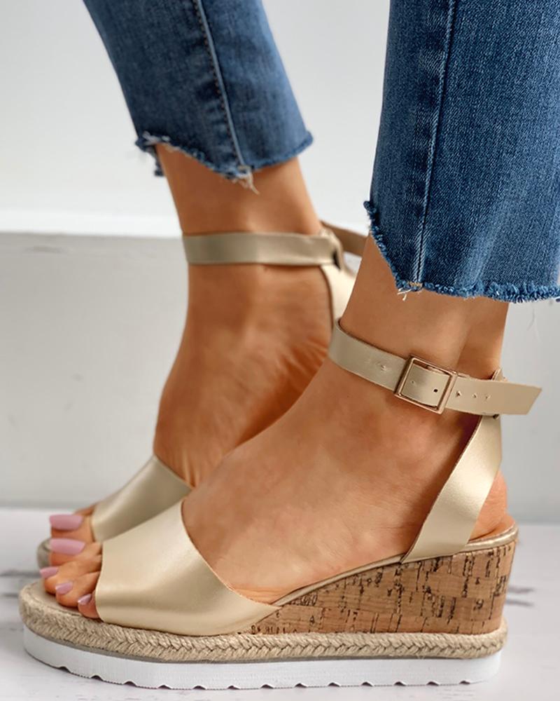 

Woven Flax Ankle Strap Peep Toe Wedge Sandals, Gold