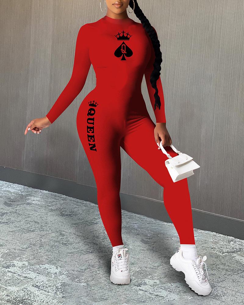 

Poker Letter Print Long Sleeve Skinny Jumpsuit, Red