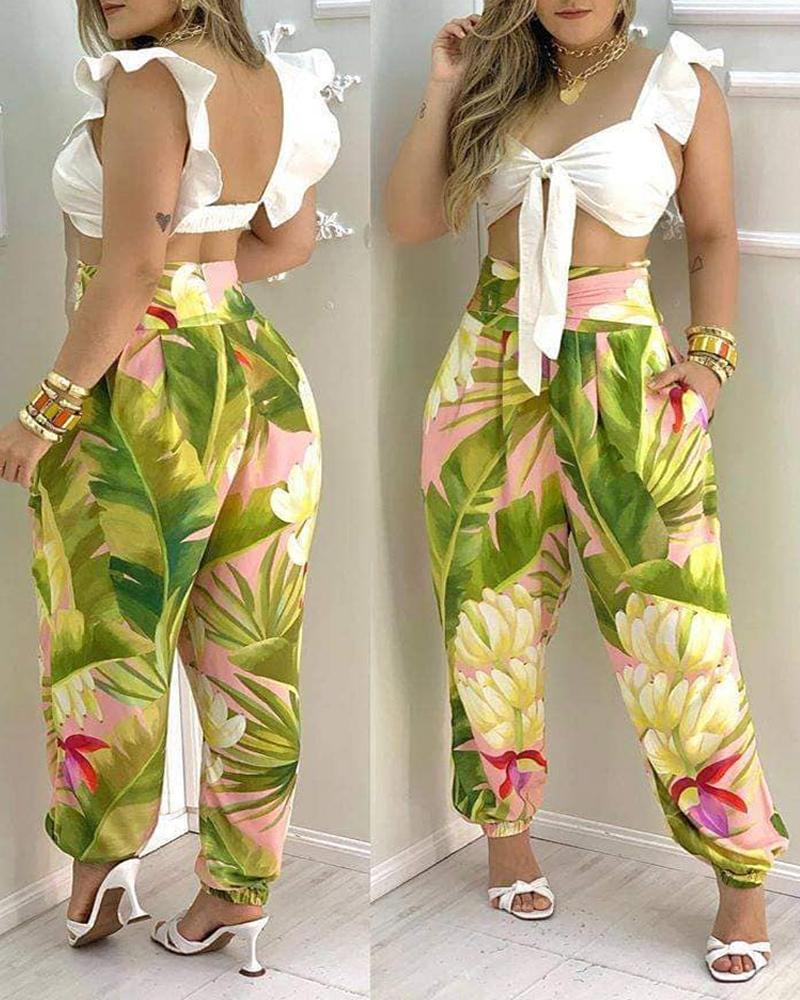 

Floral Print V Neck Short Sleeve Top & Pants, Multicolor