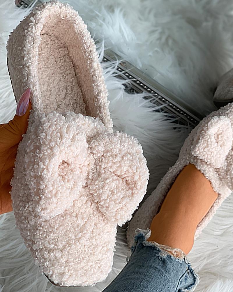 

Bowknot Detail Square Toe Fluffy Shoes, Beige