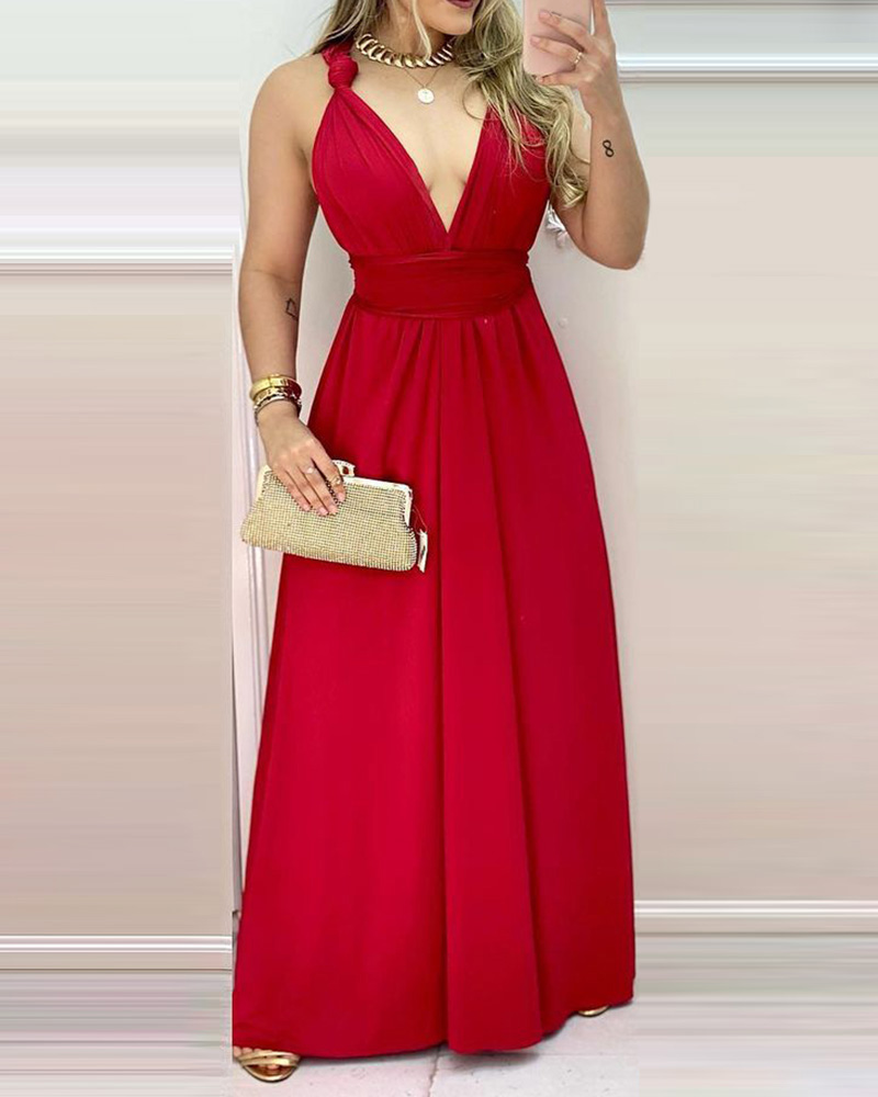 

Plain Sleeveless Plunge Maxi Dress, Red