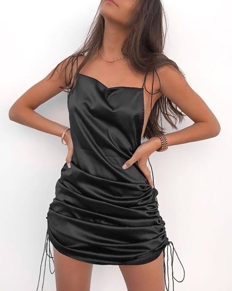 black ruched satin dress
