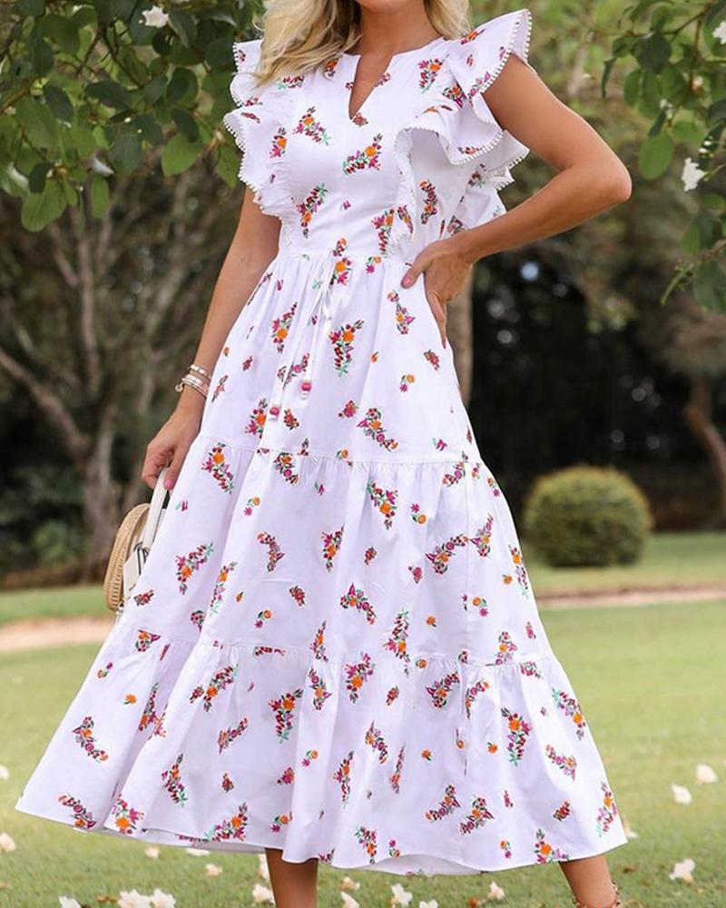 

Floral Print Short Sleeve Skinny Waist Long Dress, White