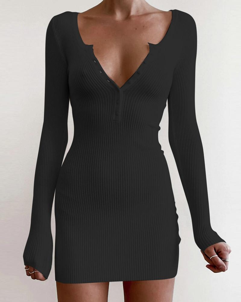

Button Design Solid Long Sleeve Bodycon Dress, Black