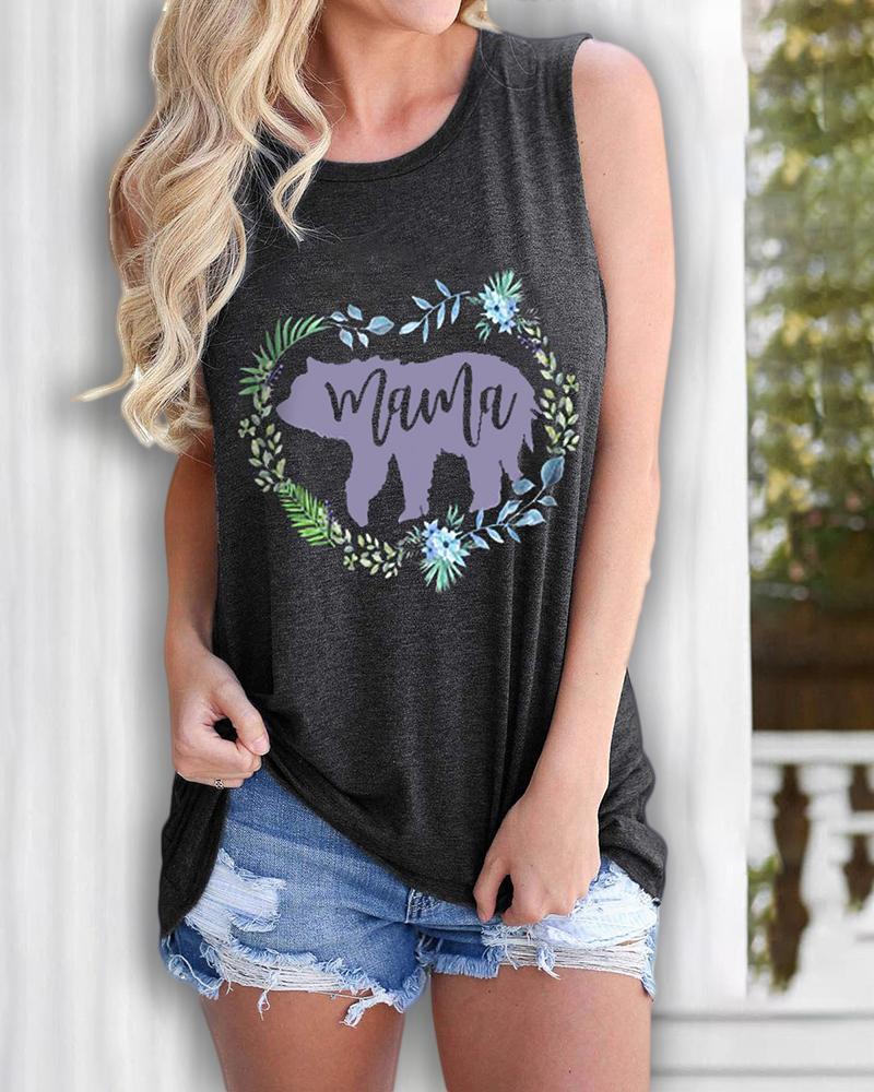 

Letter / Floral / Bear Print Casual Tank Top, Dark grey