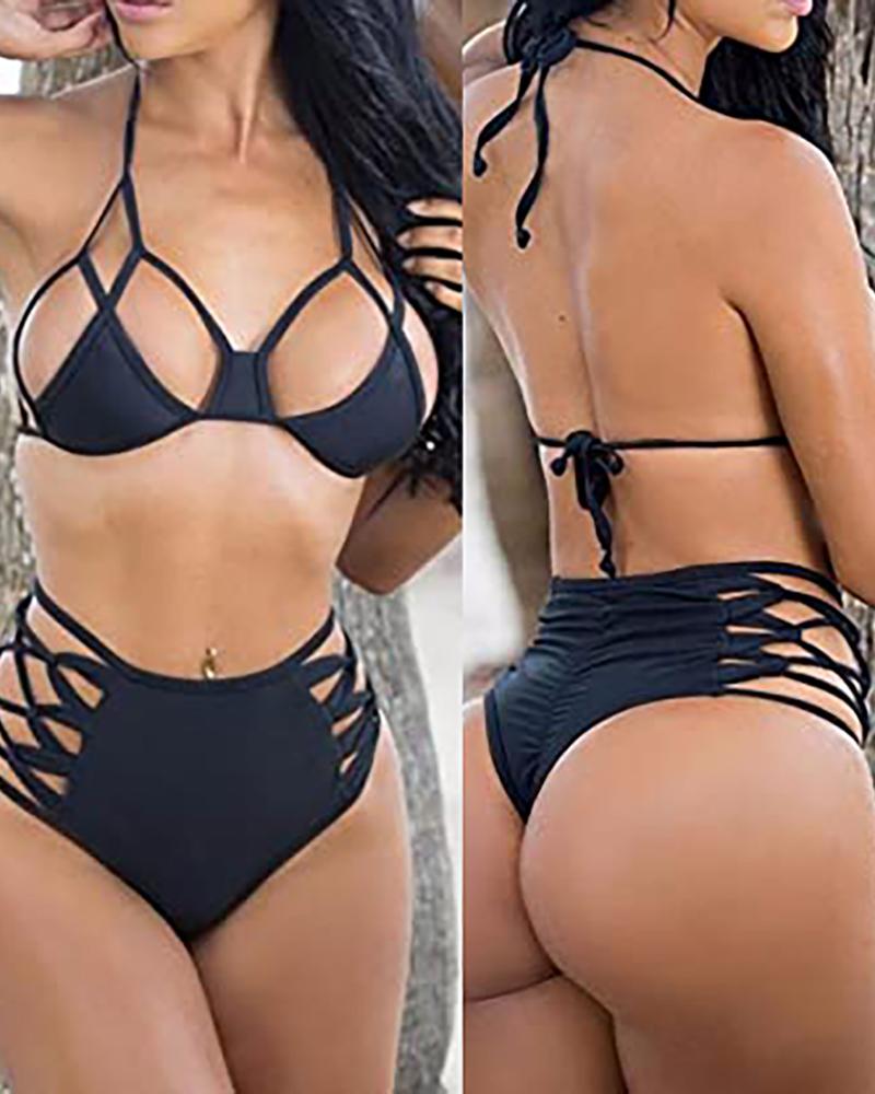 

Halter Backless Cutout Lace-up Bikini Set, Black