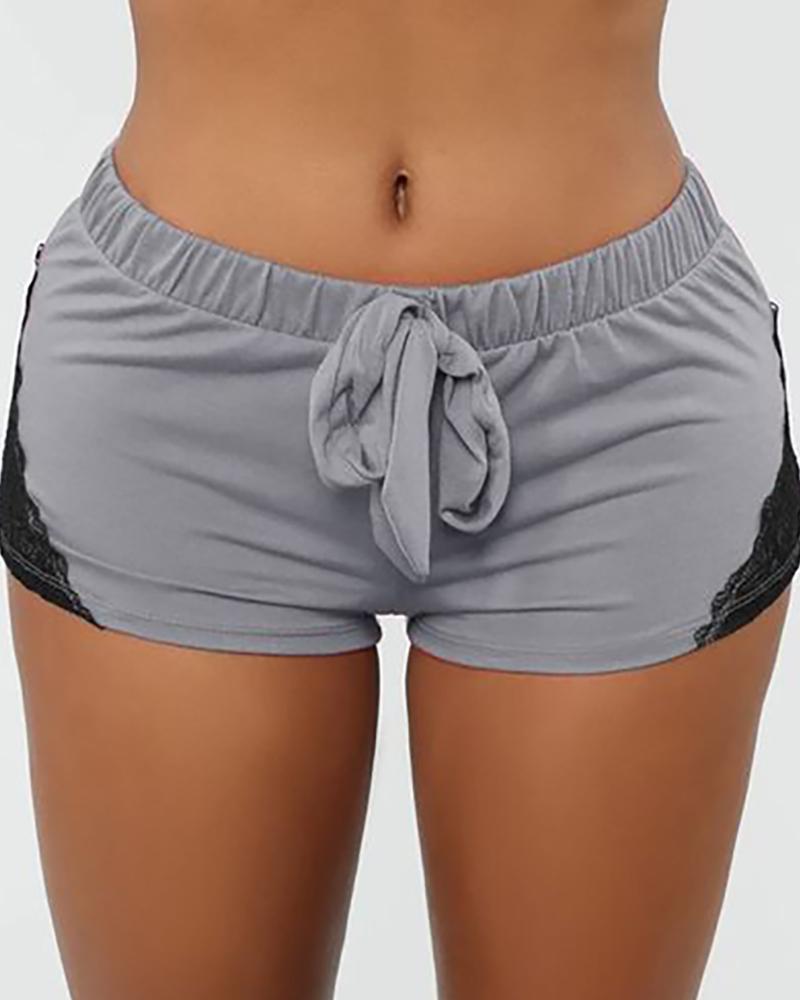 

Corchet Lace Colorblcok Drawstring Sporty Shorts, Gray