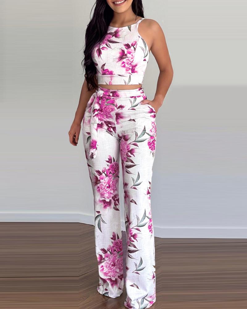 

Floral Print Sleeveless Top & Pants Set, Hot pink