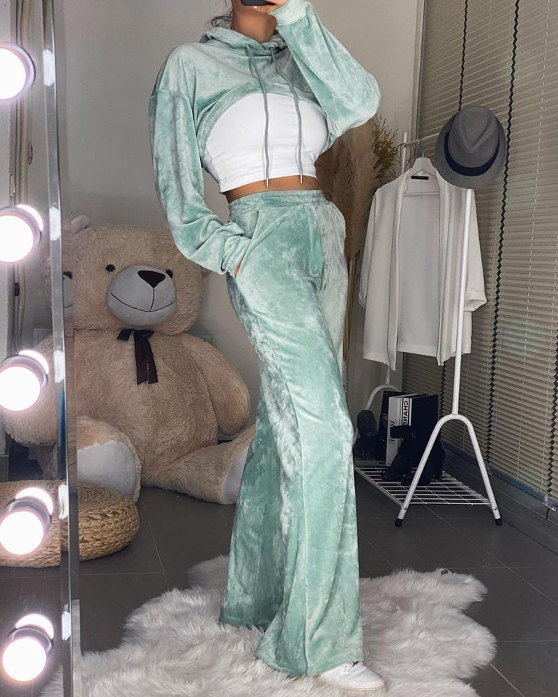 

Plain Velvet Long Sleeve Top & High Waist Pants Set, Green