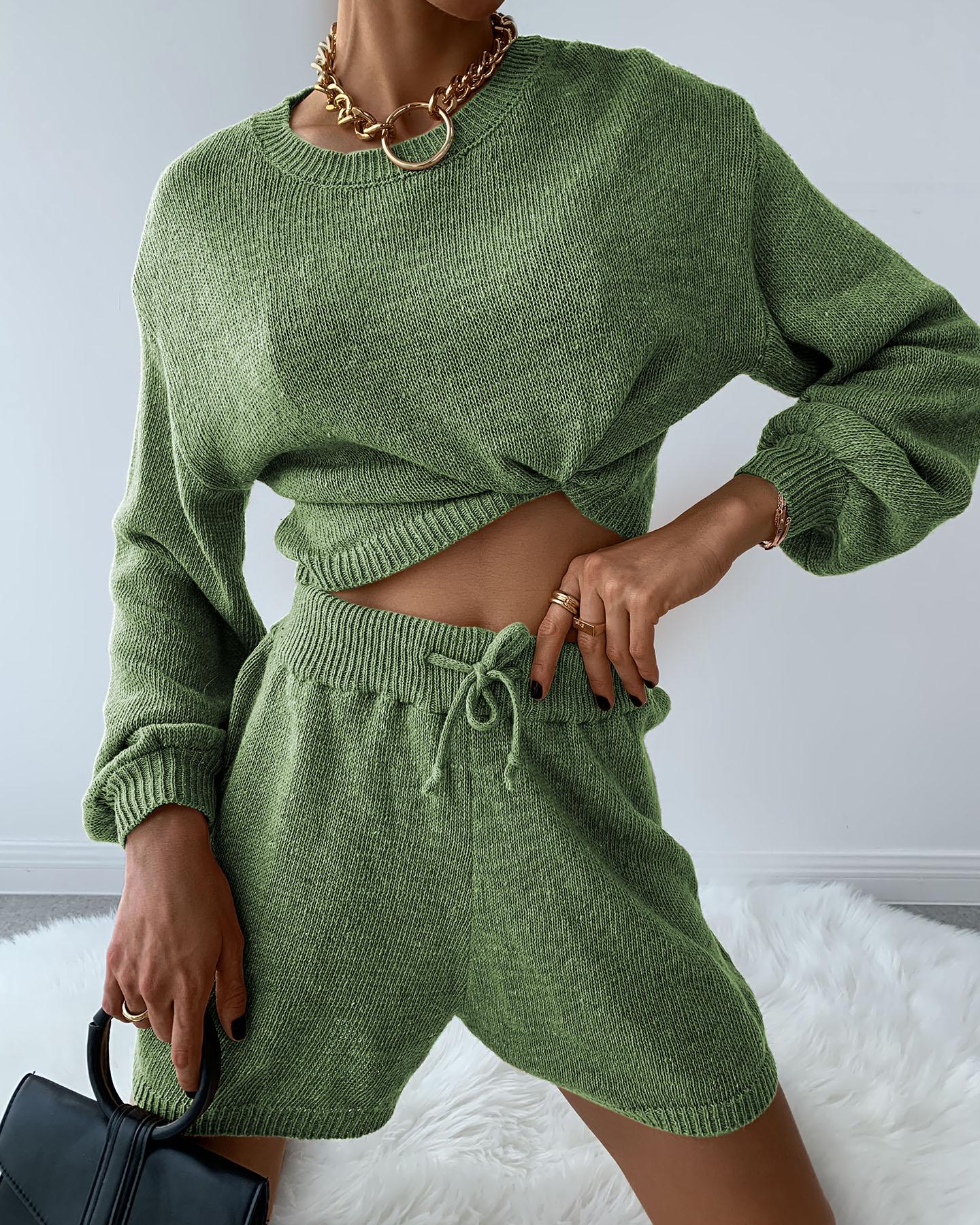 

Knit Long Sleeve Crop Top & Drawstring Shorts Set, Green