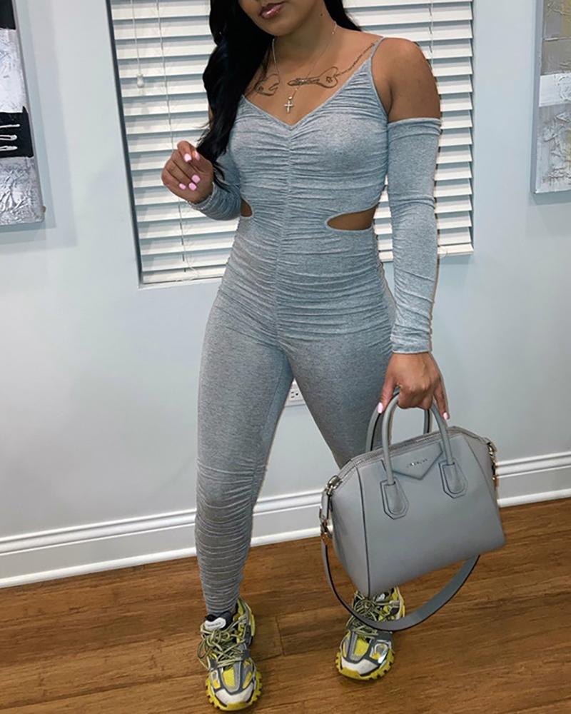 

Cold Shoulder Cutout Waist Ruched Jumpsuit, Gray