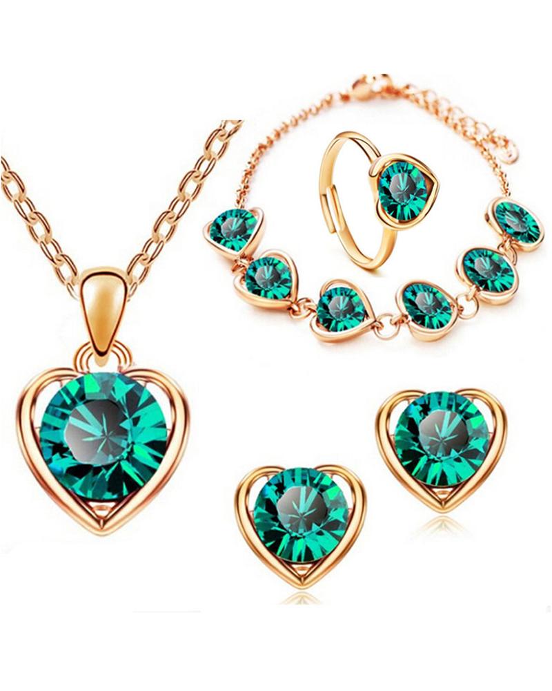 

4PCS Heart Shaped Rhinestone Pendant Necklace & Earrings & Bracelet Set, Green
