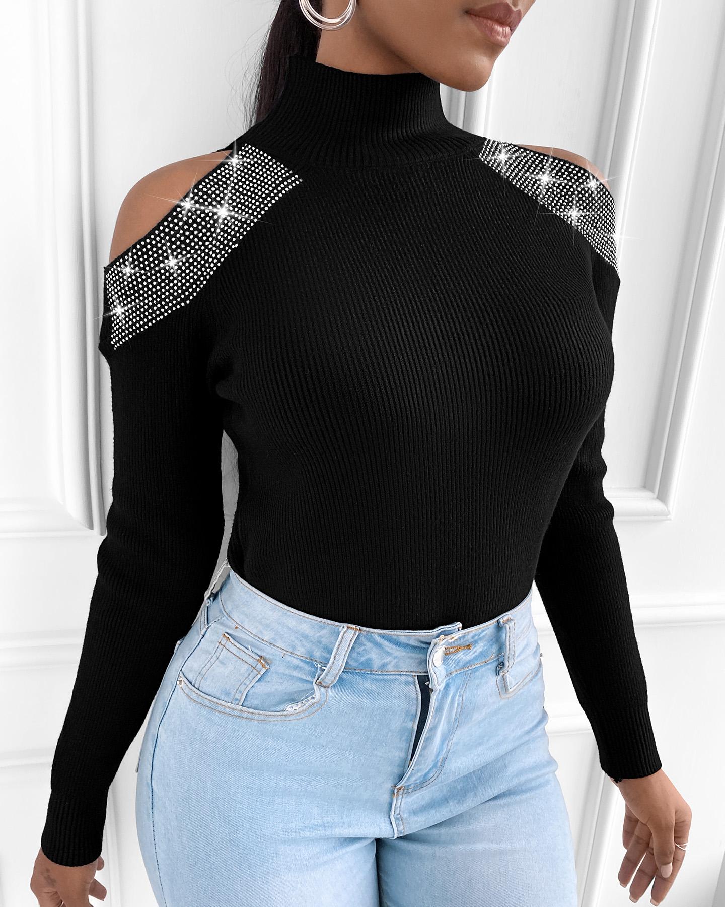 

Studded Cold Shoulder Women Top, Black