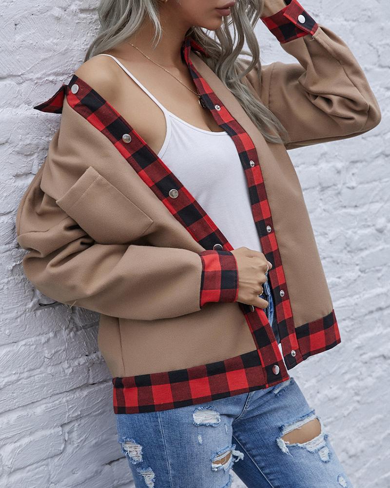 

Button Pocket Design Long Sleeve Plaid Coat, Khaki